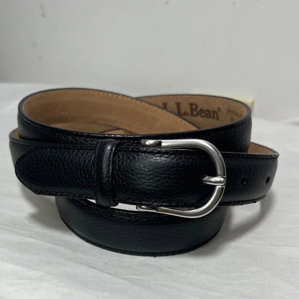 LL Bean Men's Black Full Grain Pebbled Leather Belt Silver Buckle Size 3X